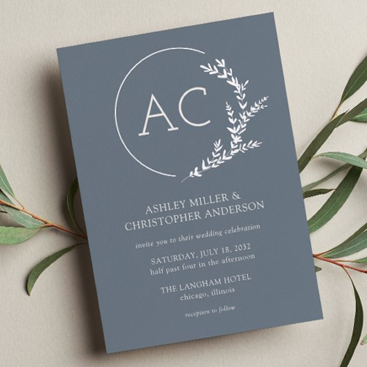 Moderne Foliage Frame Slate Gray Wedding Folieneinladung