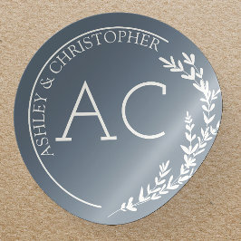 Moderne Foliage Frame Slate Gray Wedding Runder Aufkleber