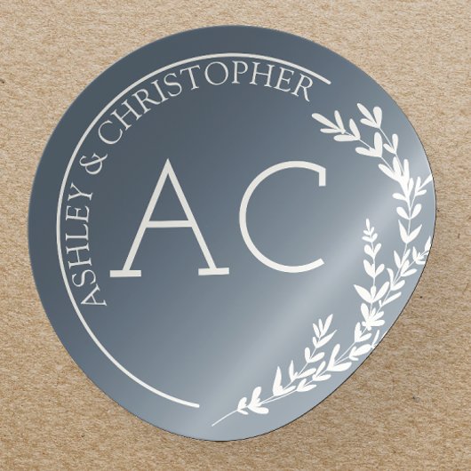 Moderne Foliage Frame Slate Gray Wedding Runder Aufkleber