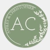 Moderne Foliage-Rahmen Mutete Grüne Hochzeit Runder Aufkleber (Vorderseite)