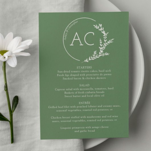 Moderne Foliage Rahmen verschleiert grüne Hochzeit Menükarte