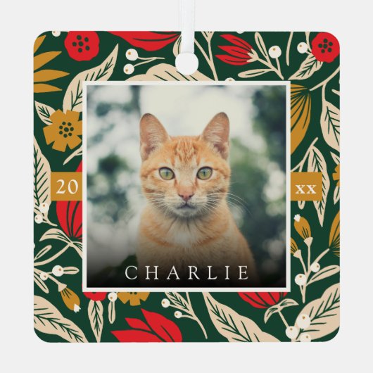 Moderne Folklorekunst Blumenkatze Foto Weihnachtsf Ornament Aus Metall (Rückseite)