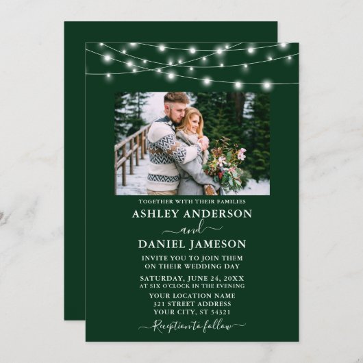 Moderne Forest Green String Lights Foto Hochzeit Einladung (Vorne/Hinten)