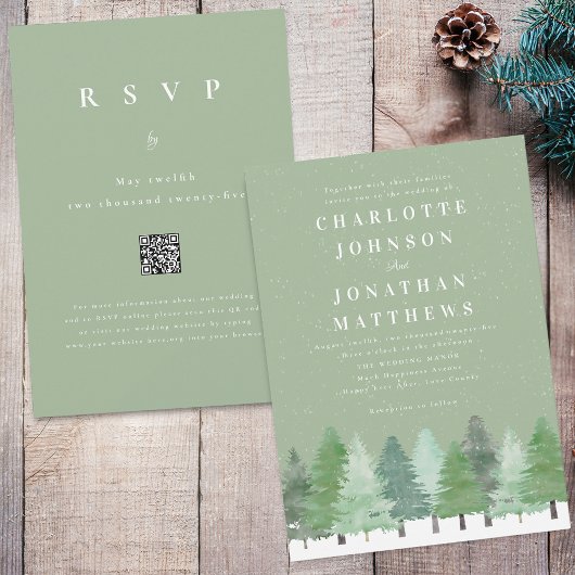 Moderne Forest QR Code Sage Green Winter Hochzeit Einladung