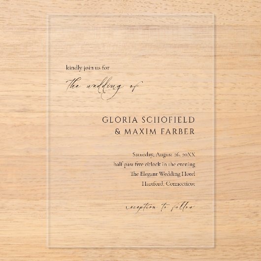 Moderne formelle Minimal Hochzeit Acryleinladungen (Vorderseite)