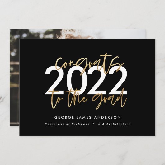 Moderne Foto-Abschluss mit Schwarz und Gold Einladung (Vorne/Hinten)