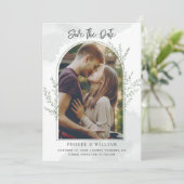 Moderne Foto Arch Script Hochzeit Save The Date (Stehend Vorderseite)