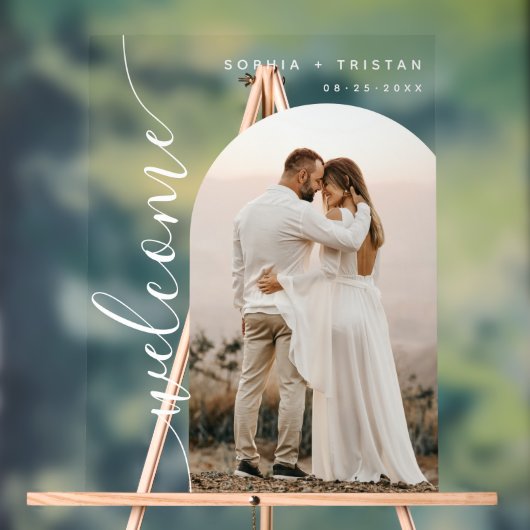 Moderne Foto Arch Wedding Willkommen Acrylschild (Neutral)