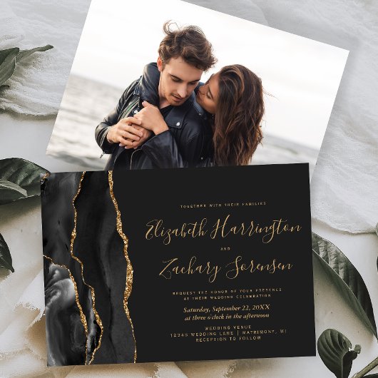 Moderne Foto Black Gold Agate Dunkle Hochzeit Einladung