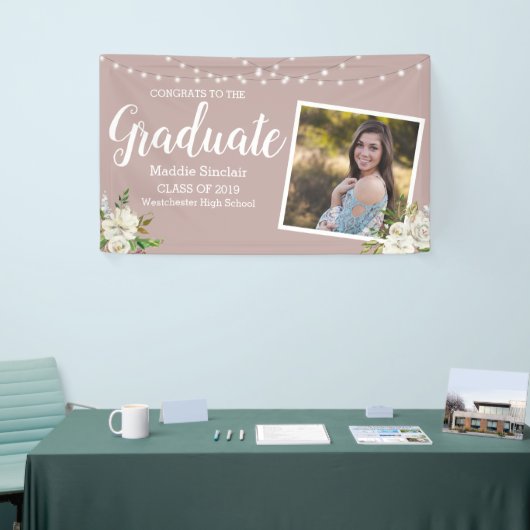 Moderne Foto Blume String Lights Pink Abschluss Banner (Messeveranstaltung)