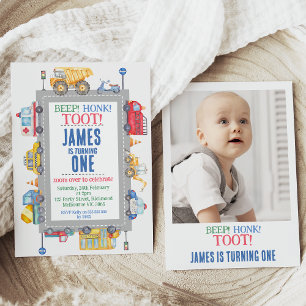 Moderne Foto Boys Road Transport 1. Geburtstag Einladung
