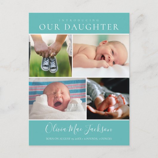 Moderne Foto Collage Baby Ankündigung Postkarte (Vorderseite)