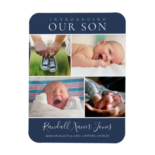 Moderne Foto Collage Baby Boy Ankündigung Blue Magnet (Vertikal)
