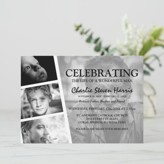 Moderne Foto Collage Beerdigung Einladung (Stehend Vorderseite)