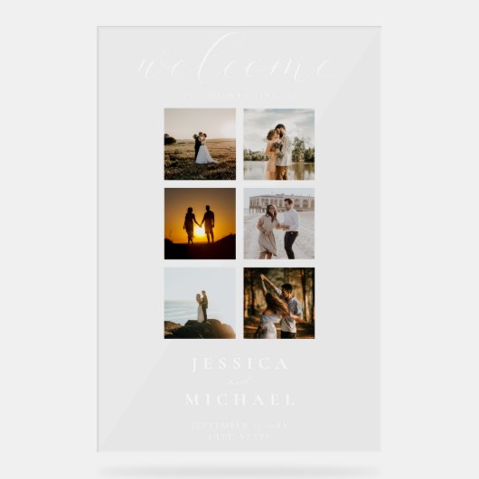 Moderne Foto Collage Elegante Hochzeit Willkommen Acrylschild (Vorderseite)