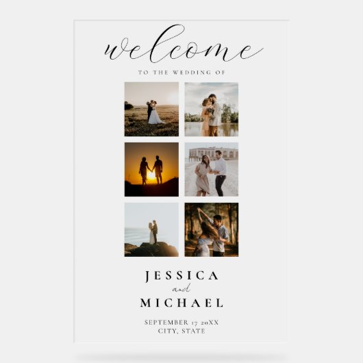 Moderne Foto Collage Elegante Hochzeit Willkommen Acrylschild (Vorderseite)