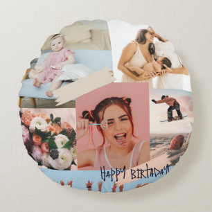 Moderne Foto Collage Glücklich Geburtstag Niedlich Rundes Kissen