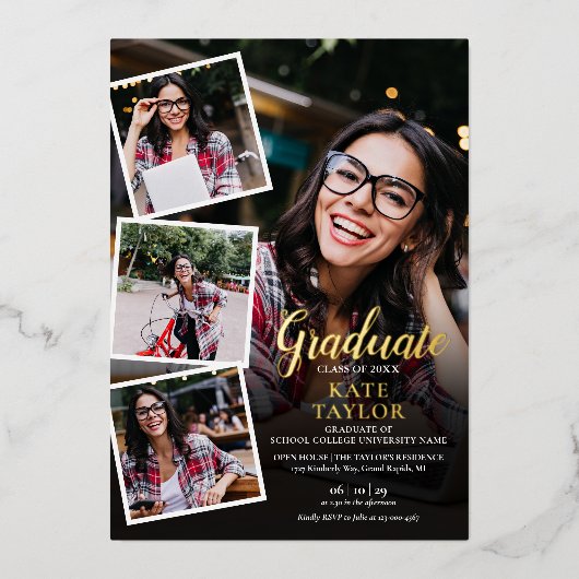 Moderne Foto Collage Graduation Party Goldene Fore Folieneinladung (Vorderseite)