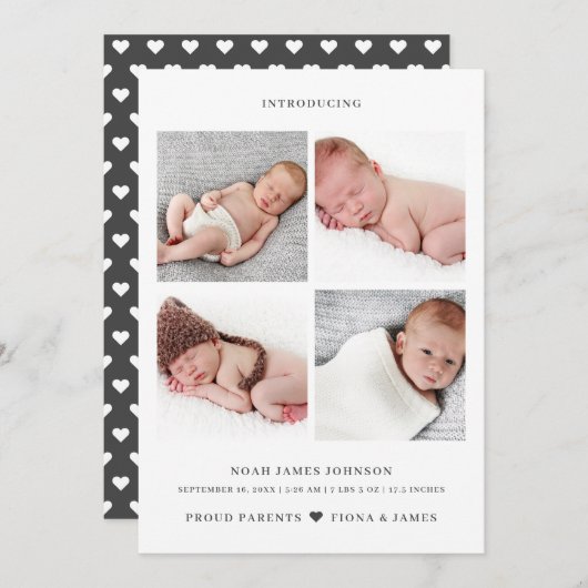 Moderne Foto Collage Grid Birth Ankündigung (Vorne/Hinten)