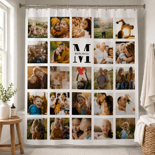 Moderne Foto-Collage mit Familienname und Monogram Duschvorhang