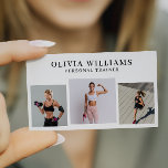 Moderne Foto Collage Personal Trainer Fitness Visitenkarte<br><div class="desc">Moderner,  trendiger Foto Collage Personal Trainer,  Fitness Business Card. Design verfügt über 3 Fotos ,  Ihren Namen und Titel auf der Vorderseite. Personalisieren Sie weiter mit Ihren Kontaktdaten,  Monogramm,  qr Code und Social Media auf der Rückseite.</div>