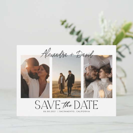 Moderne Foto Collage Wedding Save The Date (Stehend Vorderseite)