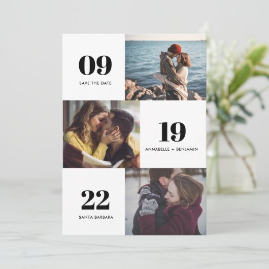 Moderne Foto Collage Wedding Save The Date (Stehend Vorderseite)