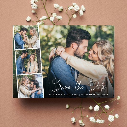 Moderne Foto Collage White Script Hochzeit Save The Date