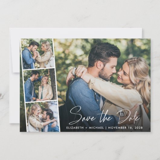 Moderne Foto Collage White Script Hochzeit Save The Date (Vorderseite)