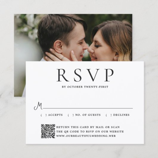 Moderne Foto-Editorial-QR-Code-Hochzeit RSVP Karte (Vorne/Hinten)