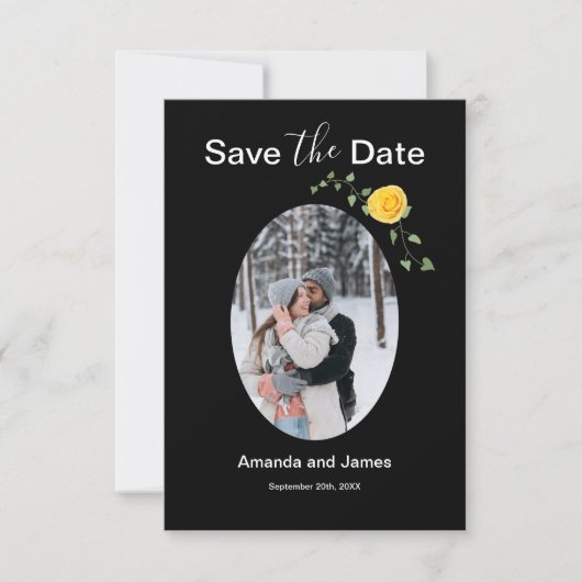 Moderne Foto-Gelbe Rose und Rebe Schwarz Save The Date (Vorderseite)