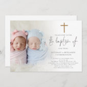 Moderne Foto Gold Cross Twins Taufe Einladung (Vorne/Hinten)