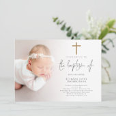Moderne Foto Gold Glitzer Cross Baptisse Einladung (Stehend Vorderseite)