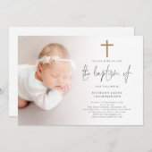 Moderne Foto Gold Glitzer Cross Baptisse Einladung (Vorne/Hinten)