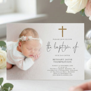Moderne Foto Gold Glitzer Cross Baptisse Einladung