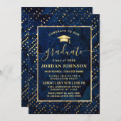 Moderne FOTO Golden Blue Marble Graduation Party Einladung (Vorne/Hinten)