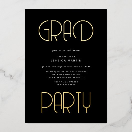 Moderne Foto Graduation Party für Typografie Folieneinladung (Vorderseite)