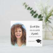 Moderne Foto Graduation Party Save the Date Karte (Stehend Vorderseite)