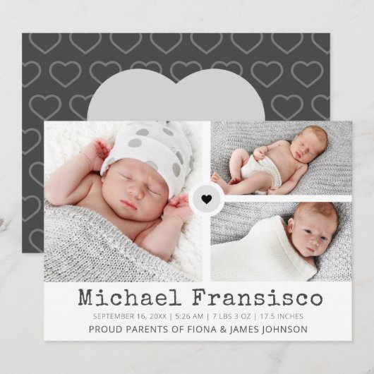 Moderne Foto Grid Collage Stats Birth Ankündigung (Vorne/Hinten)