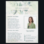 Moderne Foto Grüne Eukalyptus Elegante Rustikale Flyer<br><div class="desc">Eleganter Business Flyer mit Ihrem Namen in einem oberen und unteren Rand von Eukalyptus-Blätter und Grün mit einem Hauch von Blau, über einem pastellfarbenen Waschbecken. Verwenden Sie die Vorlage, um Ihr Foto und Ihr Bio hinzuzufügen. Dieser rustikale Stil Flyer ist ideal für einen neuen echten Anwesen Agent / Immobilienmakler, um...</div>