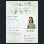 Moderne Foto Grüne Eukalyptus Elegante Rustikale Flyer<br><div class="desc">Eleganter Business Flyer mit Ihrem Namen in einem oberen und unteren Rand von Eukalyptus-Blätter und Grün mit einem Hauch von Blau, über einem pastellfarbenen Waschbecken. Verwenden Sie die Vorlage, um Ihr Foto und Ihr Bio hinzuzufügen. Dieser rustikale Stil Flyer ist ideal für einen neuen echten Anwesen Agent / Immobilienmakler, um...</div>