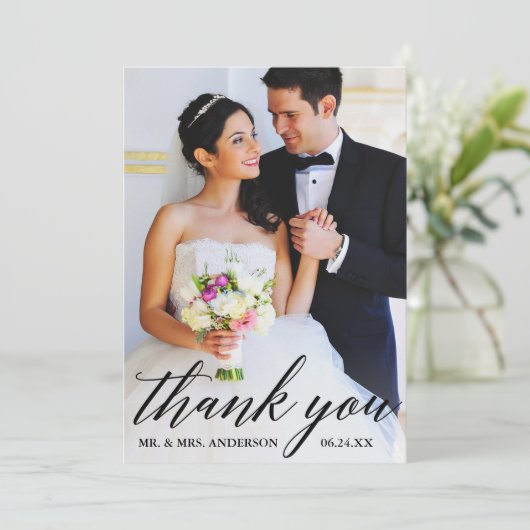 Moderne Foto-Hochzeit der Kalligraphie Dankeskarte (Stehend Vorderseite)