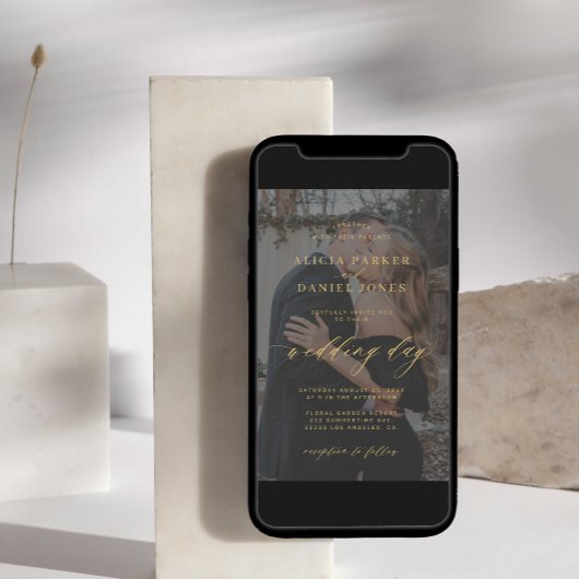 Moderne Foto-Hochzeit in Goldform Einladung