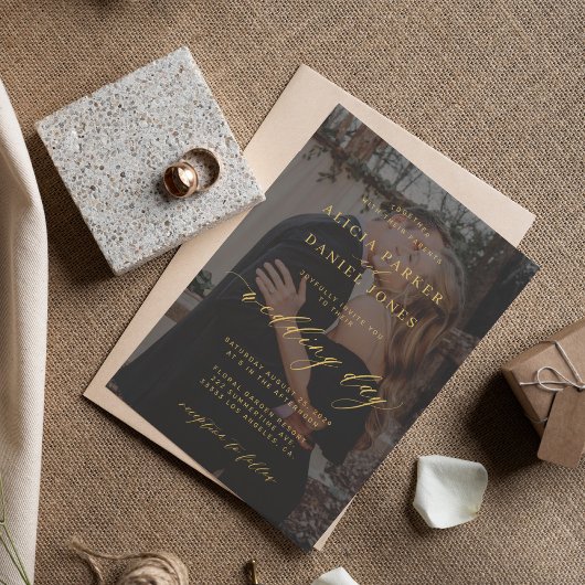 Moderne Foto-Hochzeit in Goldform Einladung