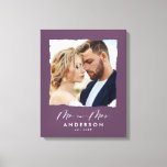 Moderne Foto Hochzeit personalisiert Mr. and Mrs. Leinwanddruck<br><div class="desc">Moderne,  schlichte Ränder lila Foto Mr. und Mrs. wedding personalisiert in Geschenk etabliert.</div>