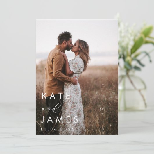 Moderne Foto Hochzeit Save The Date (Stehend Vorderseite)