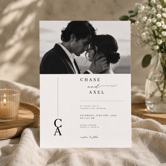 Moderne Foto-Hochzeitseinladung mit Monogramm. Einladung