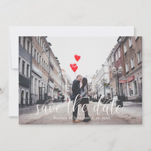 Moderne Foto-Hochzeitskarte mit Skript Save the Da Date (Vorderseite)