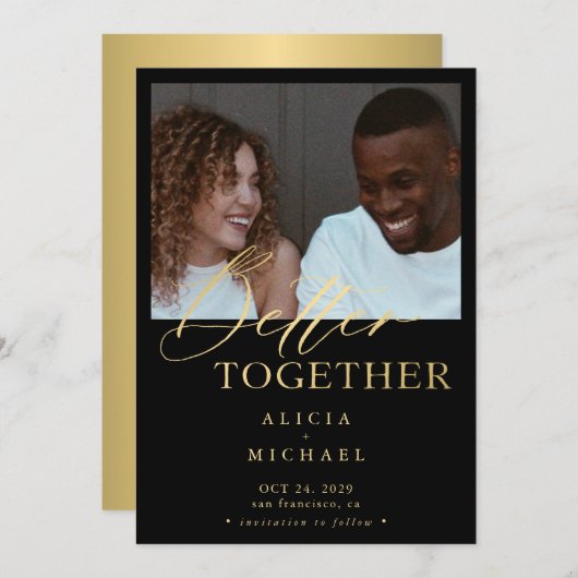 Moderne Foto Imitate Gold Drehbuch einfache Hochze Save The Date (Vorne/Hinten)