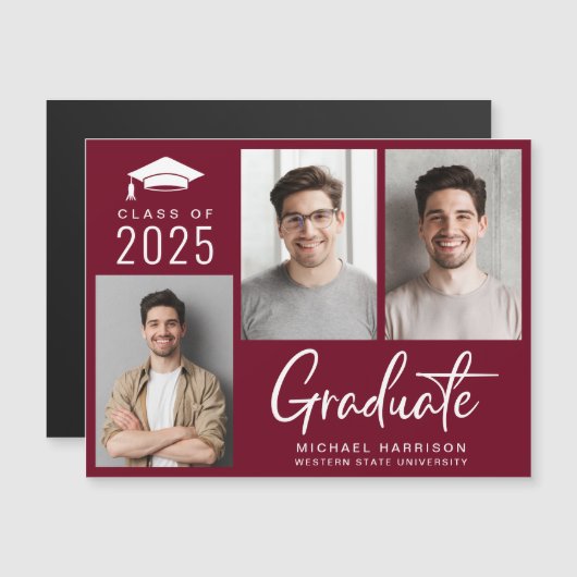 Moderne Foto-Klasse 2025 Burgund-Abschluss Magneteinladung (Vorne/Hinten)